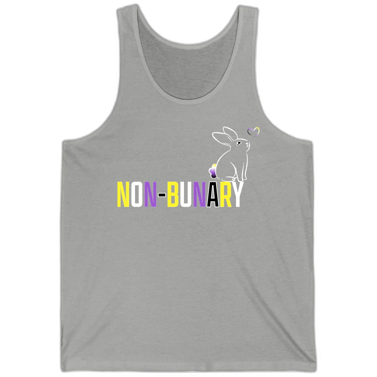 Non-binary bunny pride design featuring a white-outlined rabbit with gradient heart symbol and colorful 'NON-BINARY' text in yellow, purple, and white in Athletic Heather