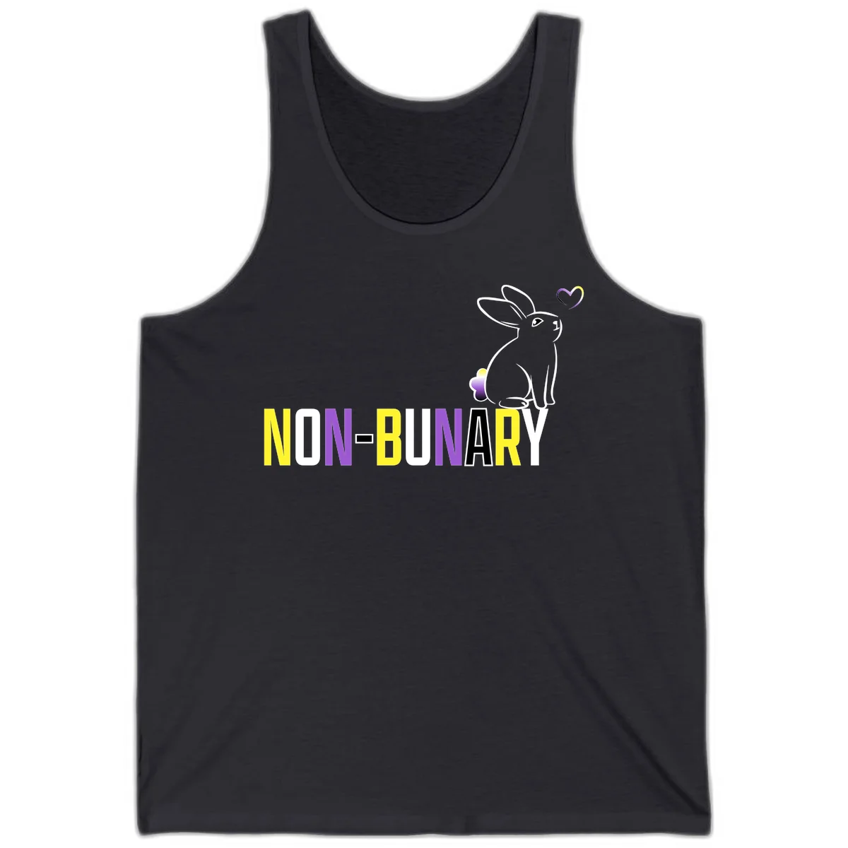 Non-binary bunny pride design featuring a white-outlined rabbit with gradient heart symbol and colorful 'NON-BINARY' text in yellow, purple, and white in Dark Grey