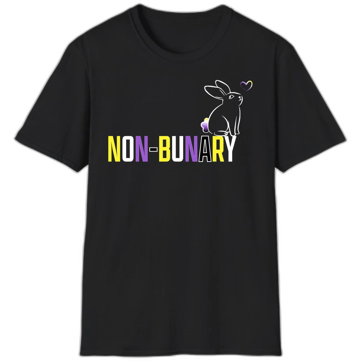 Non-binary bunny pride design featuring a white-outlined rabbit with gradient heart symbol and colorful 'NON-BINARY' text in yellow, purple, and white in Black