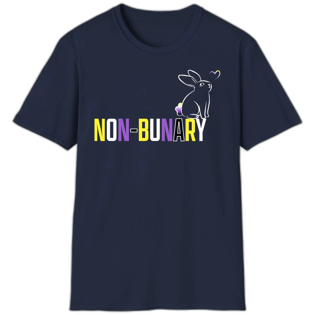 Non-binary bunny pride design featuring a white-outlined rabbit with gradient heart symbol and colorful 'NON-BINARY' text in yellow, purple, and white in Navy