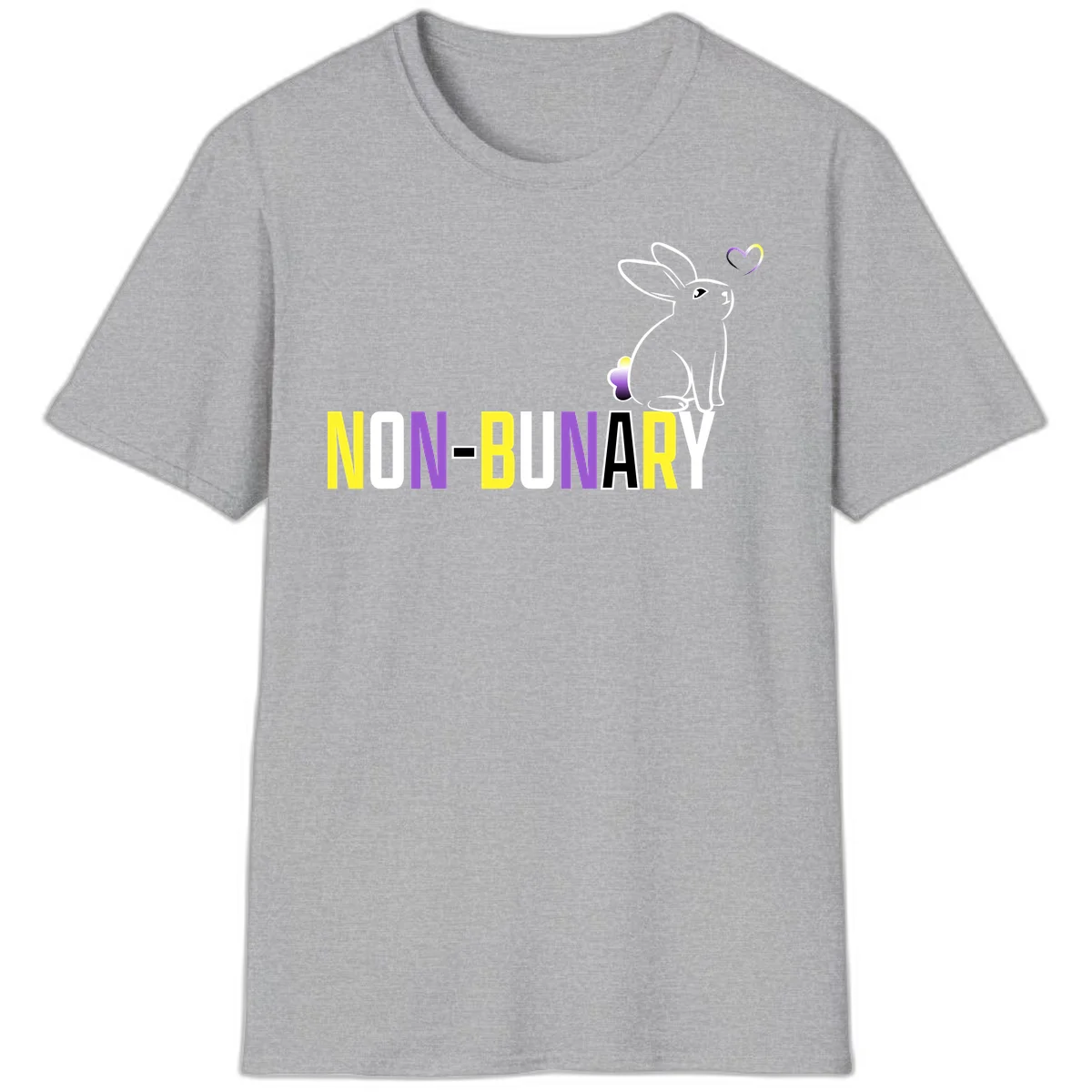 Non-binary bunny pride design featuring a white-outlined rabbit with gradient heart symbol and colorful 'NON-BINARY' text in yellow, purple, and white in Sport Grey
