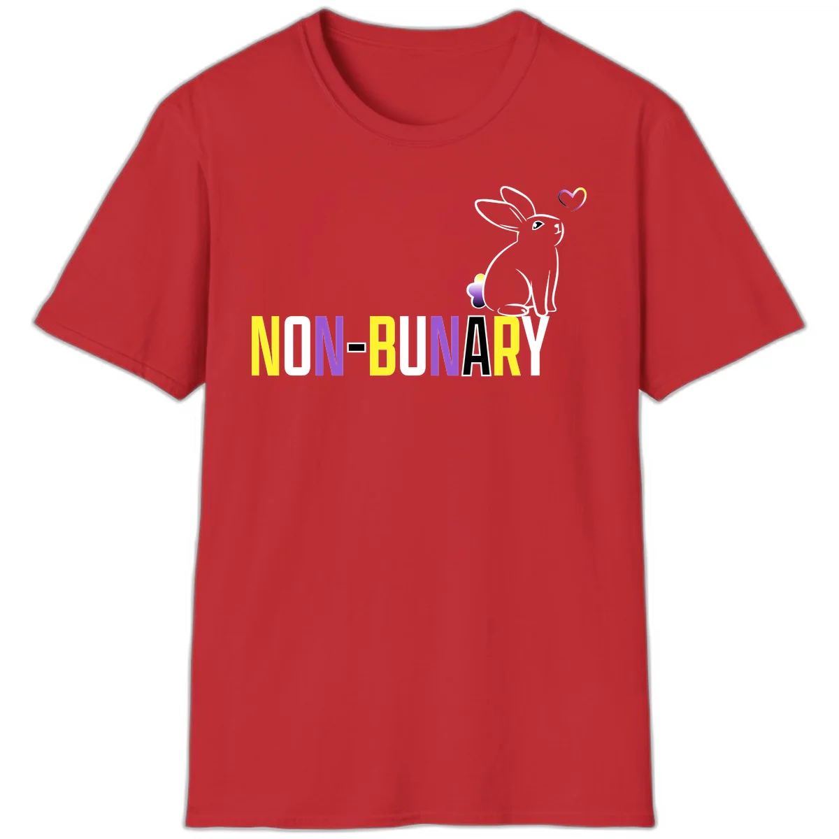 Non-binary bunny pride design featuring a white-outlined rabbit with gradient heart symbol and colorful 'NON-BINARY' text in yellow, purple, and white in Red