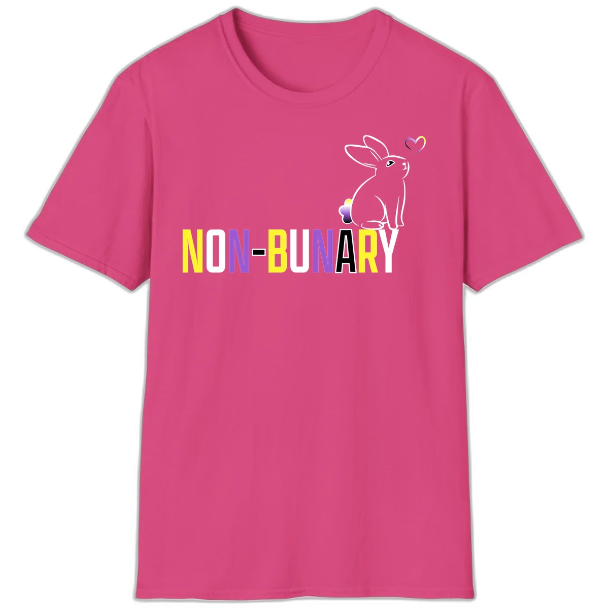Non-binary bunny pride design featuring a white-outlined rabbit with gradient heart symbol and colorful 'NON-BINARY' text in yellow, purple, and white in Heliconia