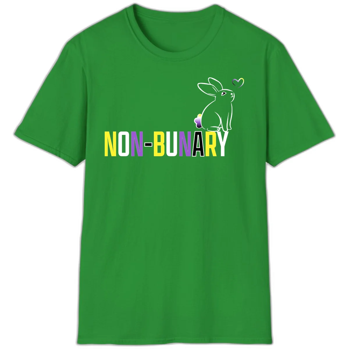 Non-binary bunny pride design featuring a white-outlined rabbit with gradient heart symbol and colorful 'NON-BINARY' text in yellow, purple, and white in Irish Green