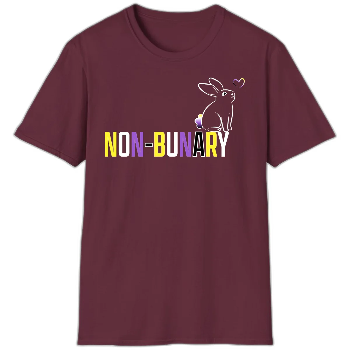 Non-binary bunny pride design featuring a white-outlined rabbit with gradient heart symbol and colorful 'NON-BINARY' text in yellow, purple, and white in Maroon