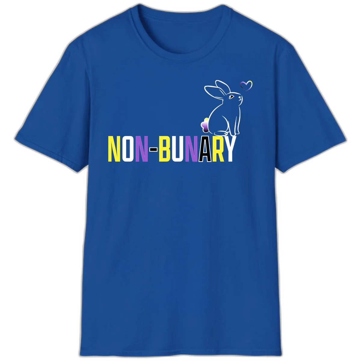 Non-binary bunny pride design featuring a white-outlined rabbit with gradient heart symbol and colorful 'NON-BINARY' text in yellow, purple, and white in Royal