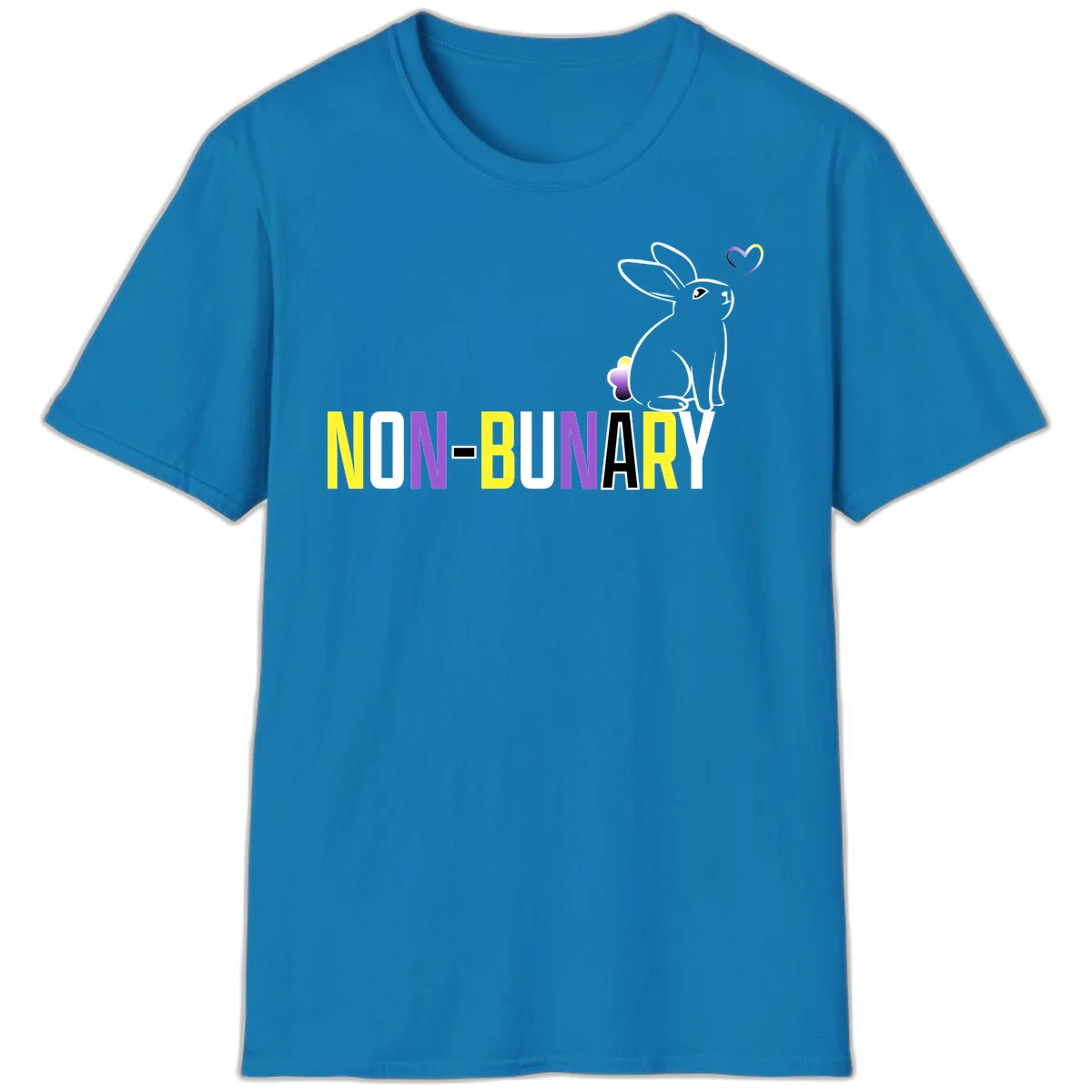 Non-binary bunny pride design featuring a white-outlined rabbit with gradient heart symbol and colorful 'NON-BINARY' text in yellow, purple, and white in Sapphire
