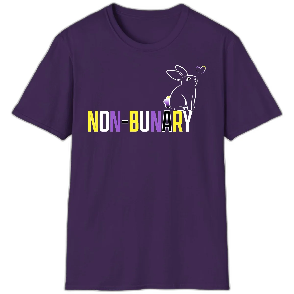 Non-binary bunny pride design featuring a white-outlined rabbit with gradient heart symbol and colorful 'NON-BINARY' text in yellow, purple, and white in Purple
