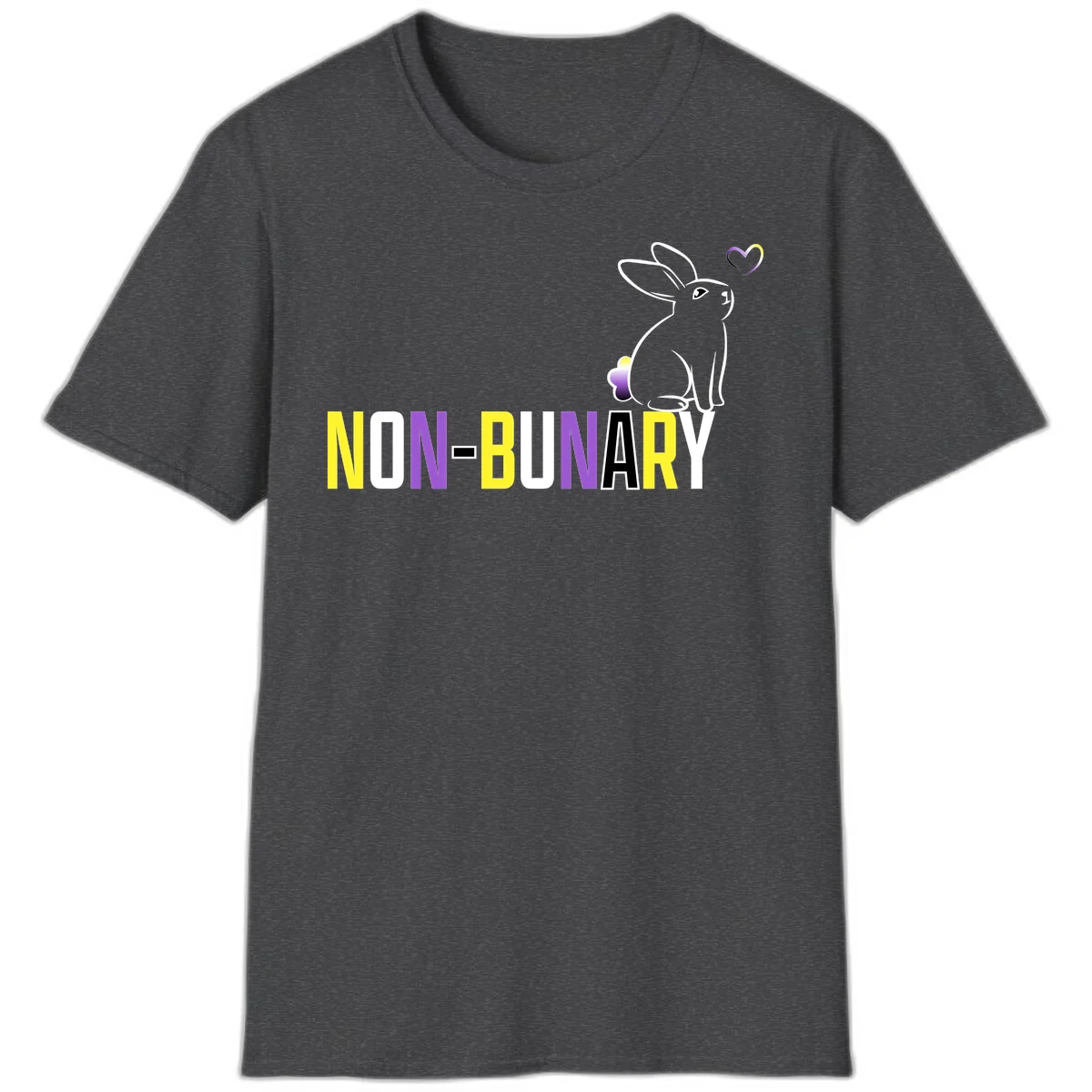 Non-binary bunny pride design featuring a white-outlined rabbit with gradient heart symbol and colorful 'NON-BINARY' text in yellow, purple, and white in Dark Heather