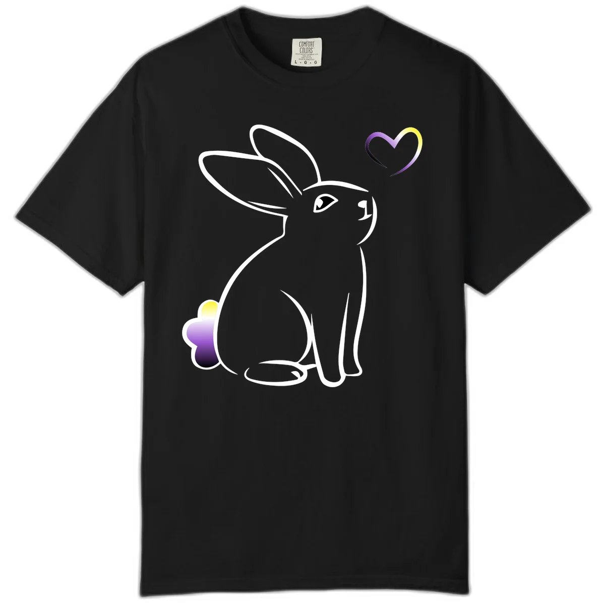 Minimalist line-art rainbow bunny with gradient purple-yellow tail and floating heart symbol on gray background in Black