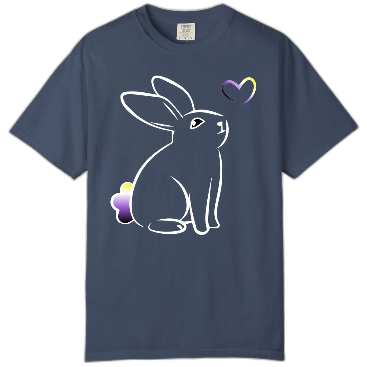 Minimalist line-art rainbow bunny with gradient purple-yellow tail and floating heart symbol on gray background in Midnight