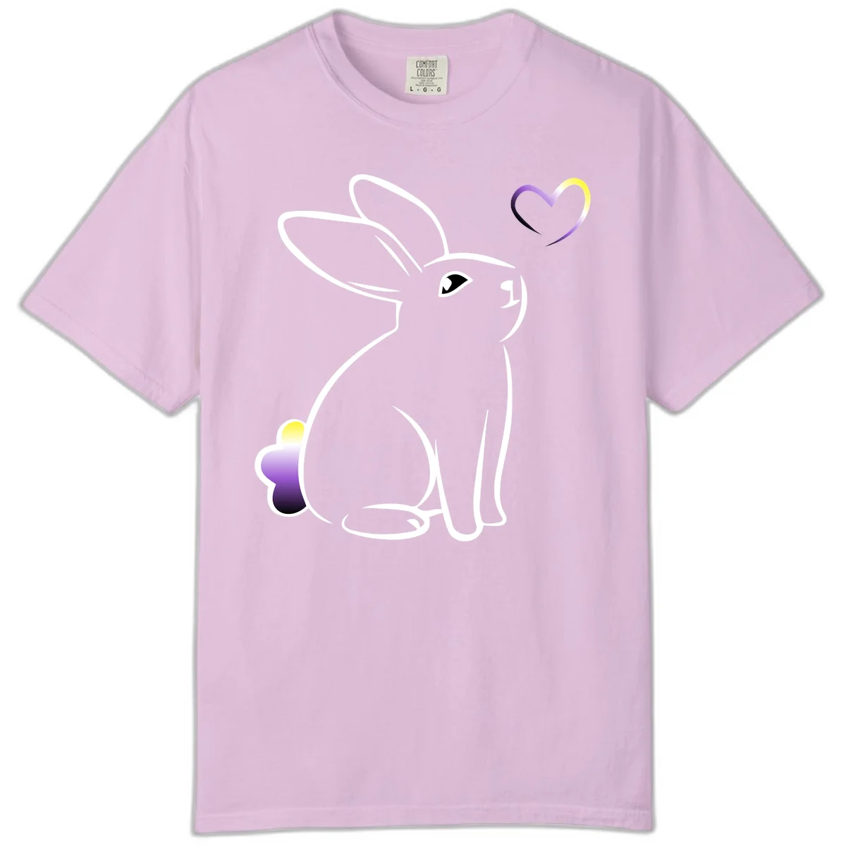 Minimalist line-art rainbow bunny with gradient purple-yellow tail and floating heart symbol on gray background in Orchid