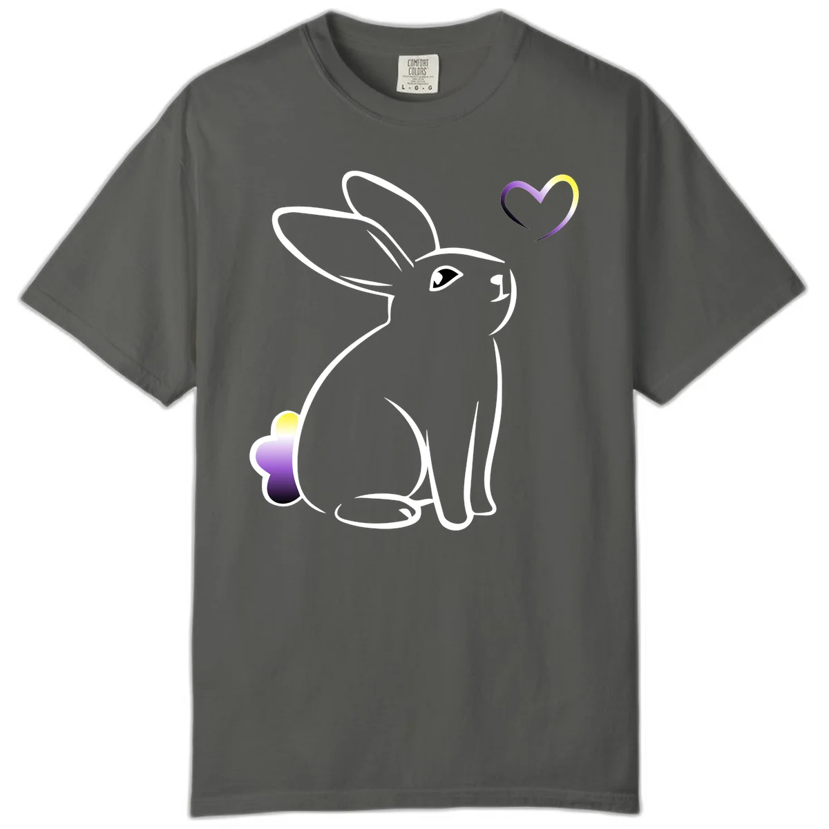 Minimalist line-art rainbow bunny with gradient purple-yellow tail and floating heart symbol on gray background in Pepper