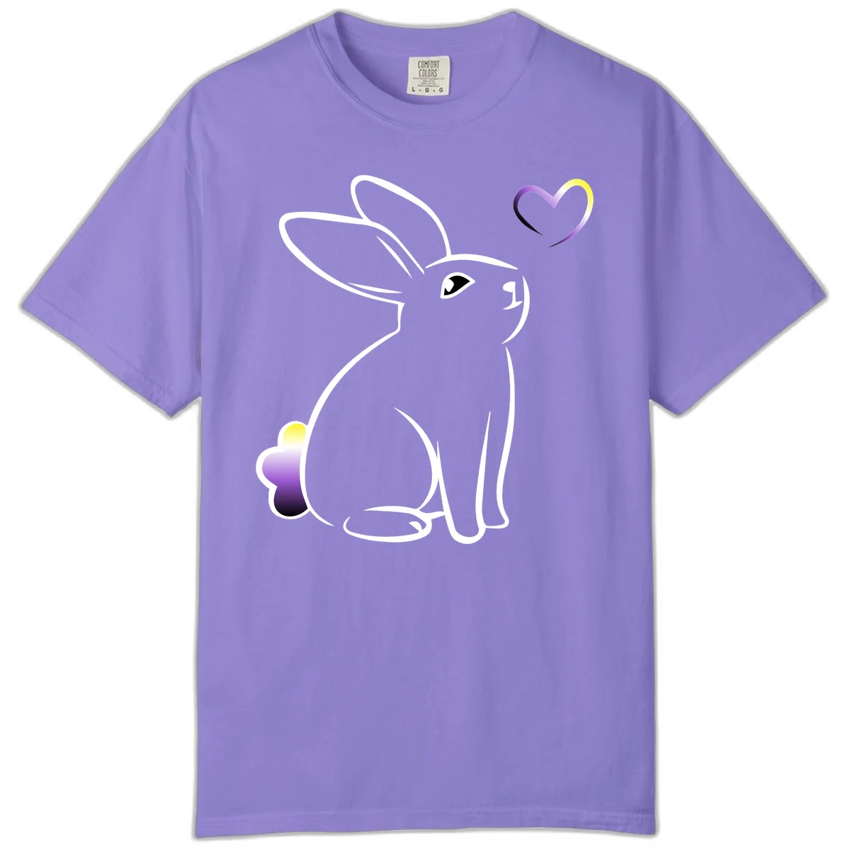 Minimalist line-art rainbow bunny with gradient purple-yellow tail and floating heart symbol on gray background in Violet