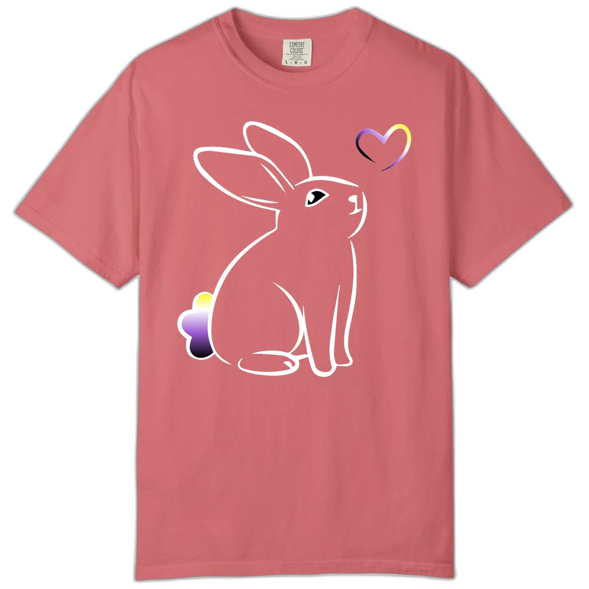 Minimalist line-art rainbow bunny with gradient purple-yellow tail and floating heart symbol on gray background in Watermelon