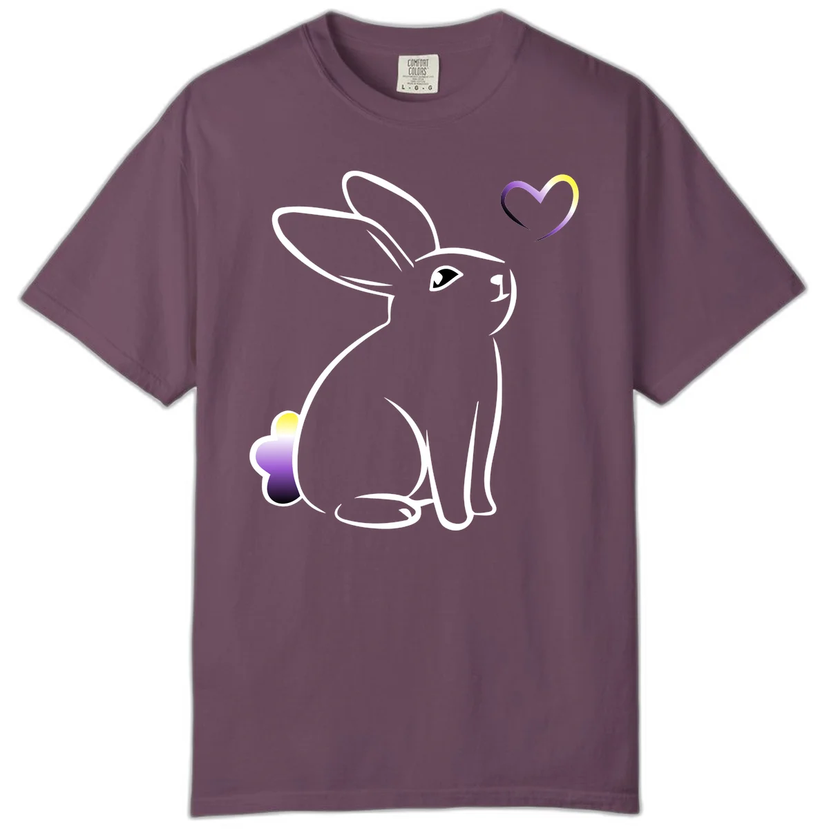Minimalist line-art rainbow bunny with gradient purple-yellow tail and floating heart symbol on gray background in Berry
