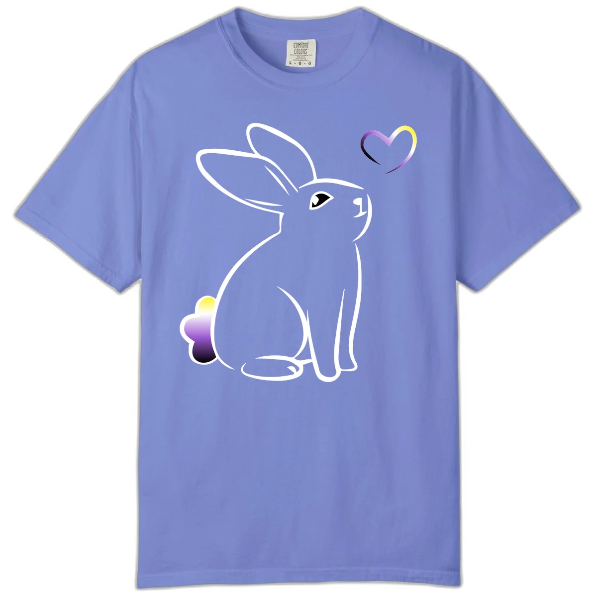 Minimalist line-art rainbow bunny with gradient purple-yellow tail and floating heart symbol on gray background in Flo Blue