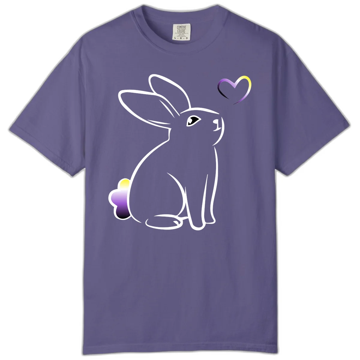Minimalist line-art rainbow bunny with gradient purple-yellow tail and floating heart symbol on gray background in Grape