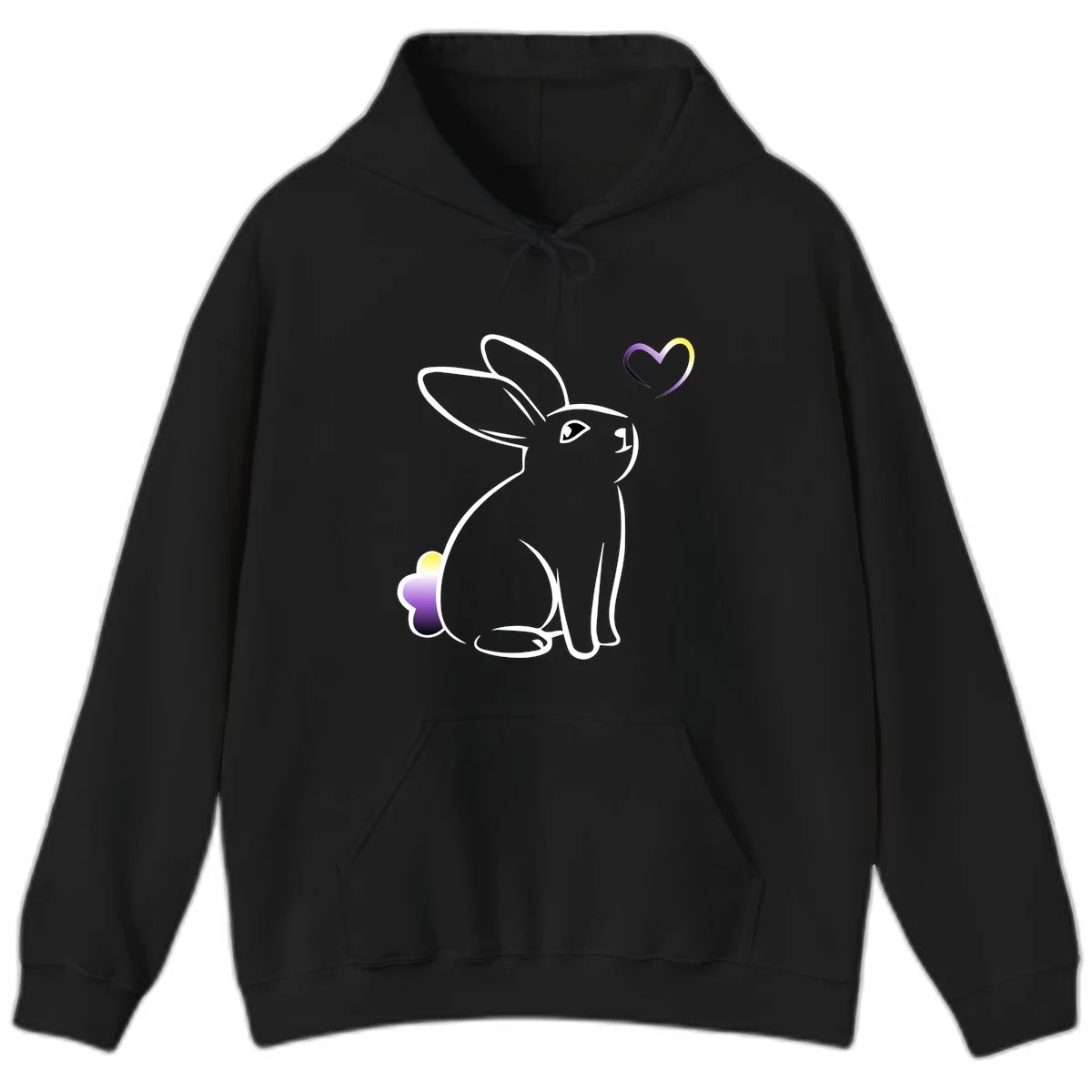 Minimalist line-art rainbow bunny with gradient purple-yellow tail and floating heart symbol on gray background in Black