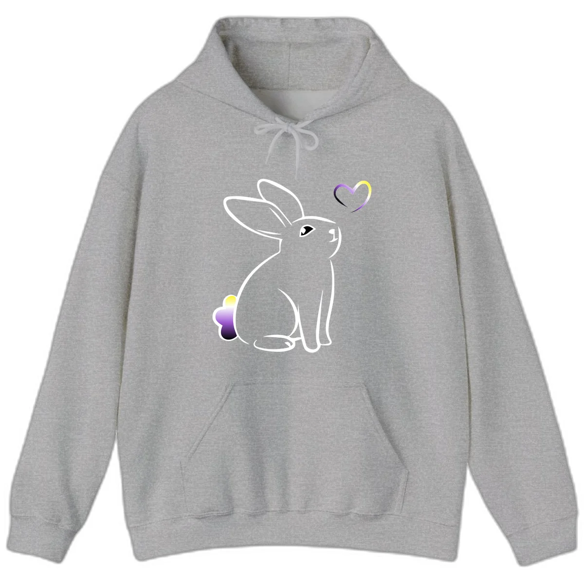 Minimalist line-art rainbow bunny with gradient purple-yellow tail and floating heart symbol on gray background in Sport Grey