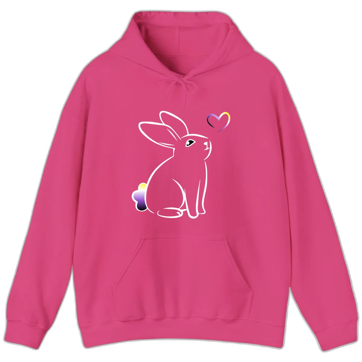 Minimalist line-art rainbow bunny with gradient purple-yellow tail and floating heart symbol on gray background in Heliconia