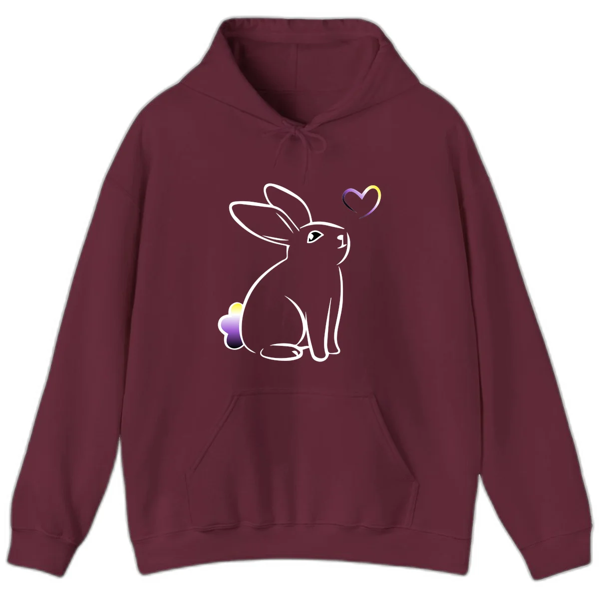 Minimalist line-art rainbow bunny with gradient purple-yellow tail and floating heart symbol on gray background in Maroon