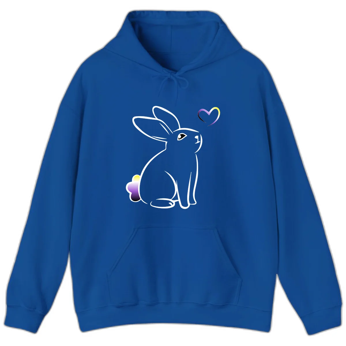 Minimalist line-art rainbow bunny with gradient purple-yellow tail and floating heart symbol on gray background in Royal