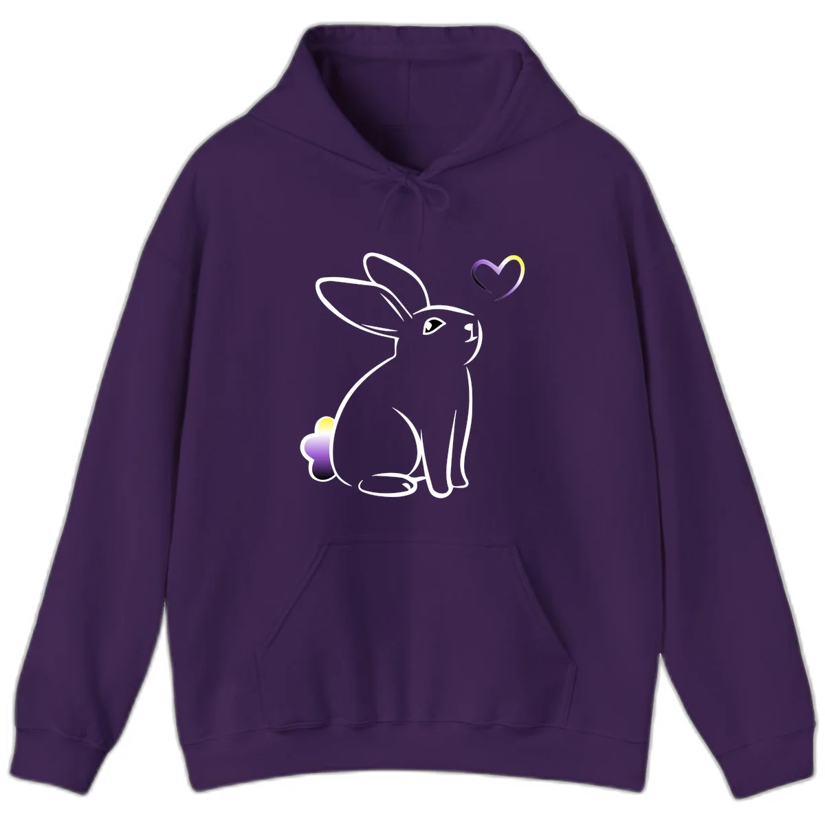 Minimalist line-art rainbow bunny with gradient purple-yellow tail and floating heart symbol on gray background in Purple