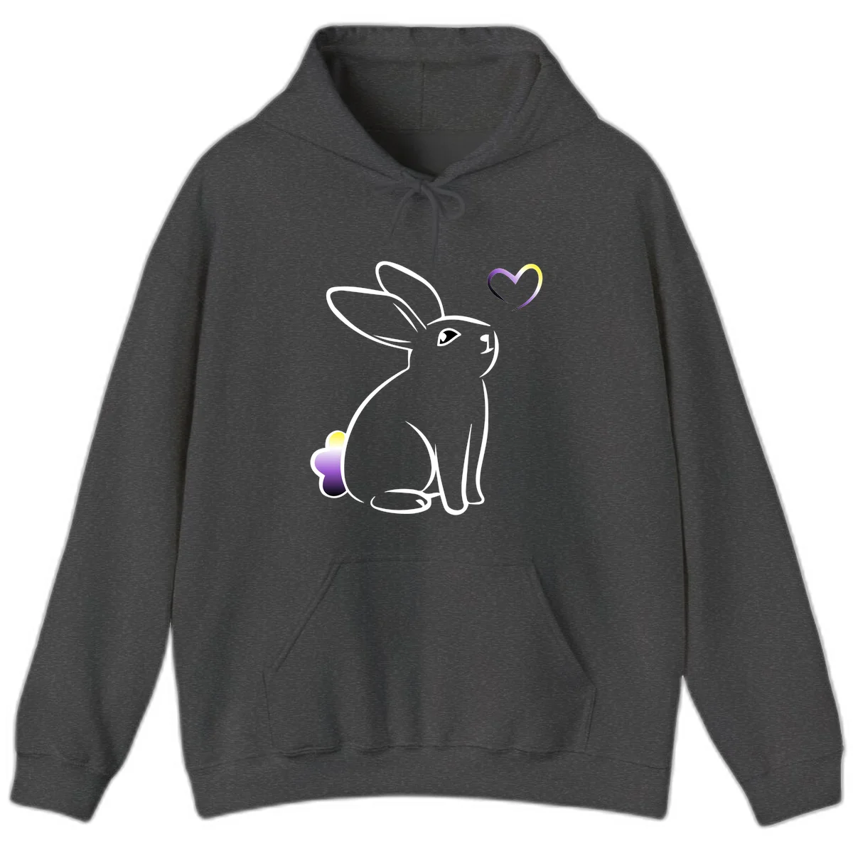 Minimalist line-art rainbow bunny with gradient purple-yellow tail and floating heart symbol on gray background in Dark Heather