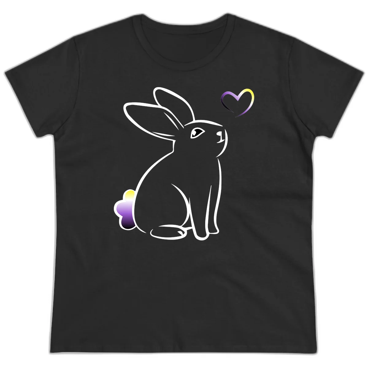 Minimalist line-art rainbow bunny with gradient purple-yellow tail and floating heart symbol on gray background in Black