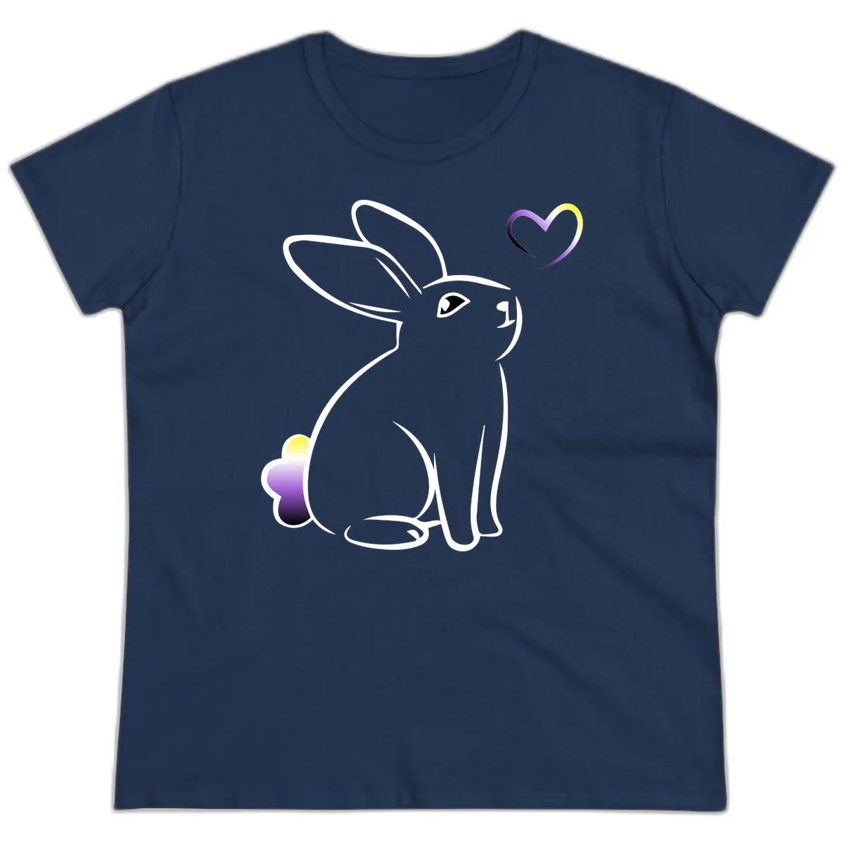 Minimalist line-art rainbow bunny with gradient purple-yellow tail and floating heart symbol on gray background in Navy