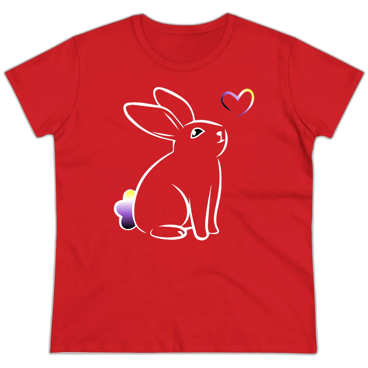 Minimalist line-art rainbow bunny with gradient purple-yellow tail and floating heart symbol on gray background in Red