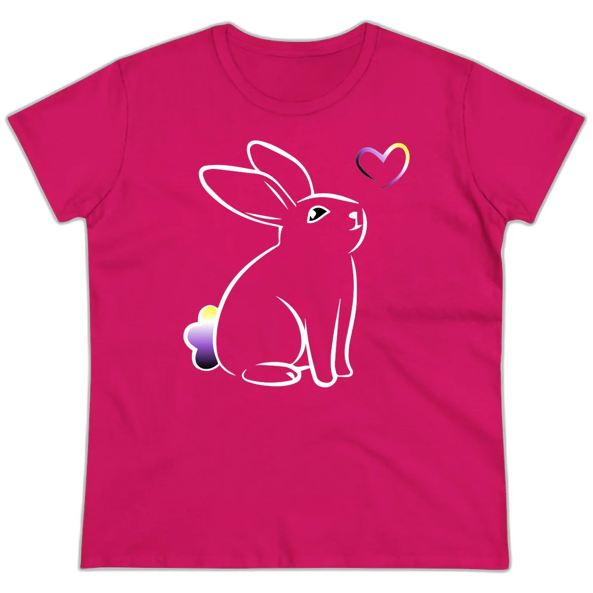 Minimalist line-art rainbow bunny with gradient purple-yellow tail and floating heart symbol on gray background in Heliconia