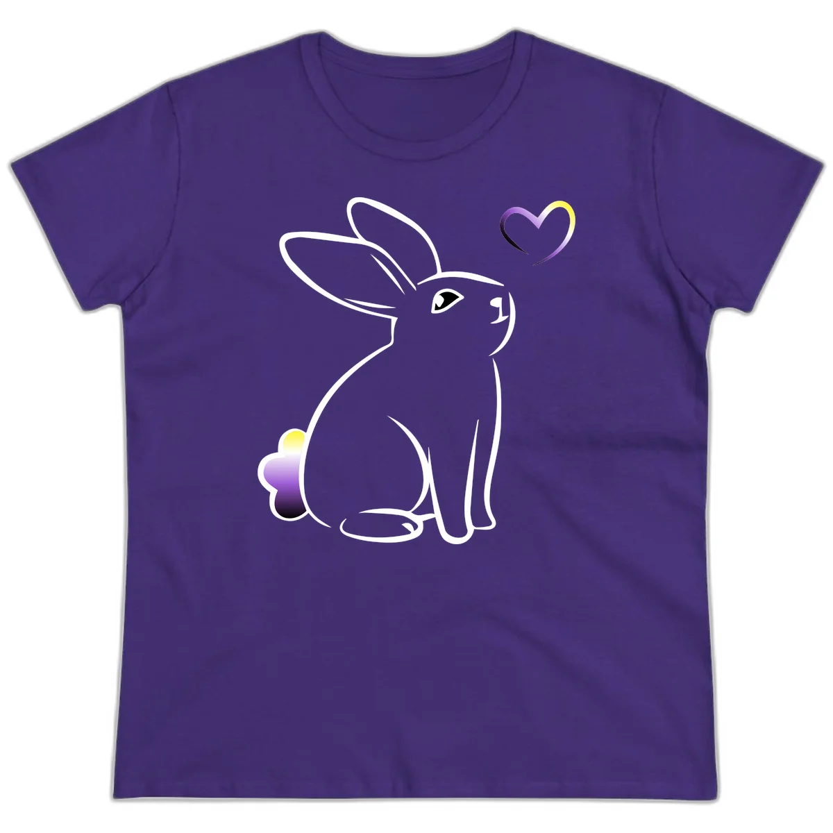 Minimalist line-art rainbow bunny with gradient purple-yellow tail and floating heart symbol on gray background in Purple