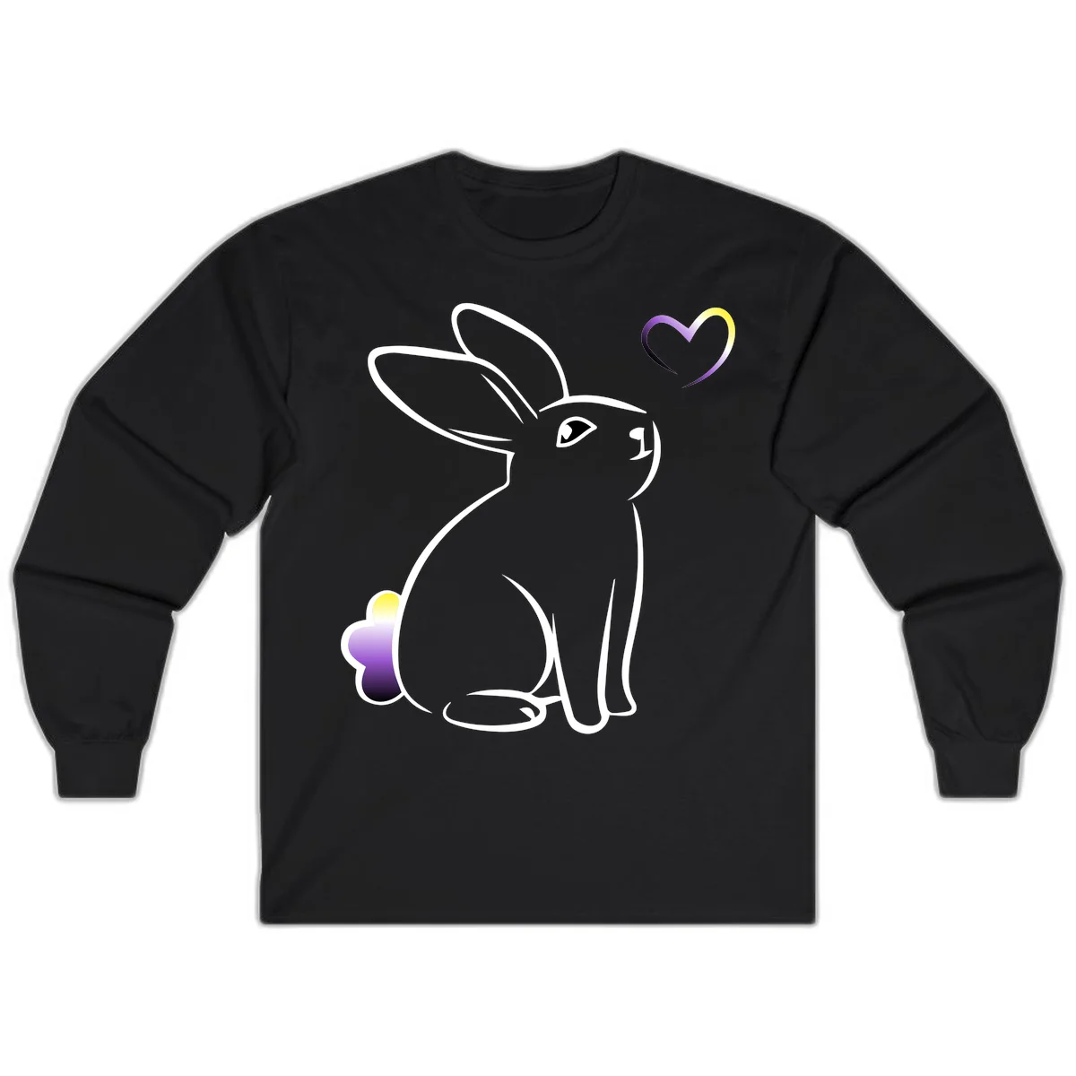 Minimalist line-art rainbow bunny with gradient purple-yellow tail and floating heart symbol on gray background in Black