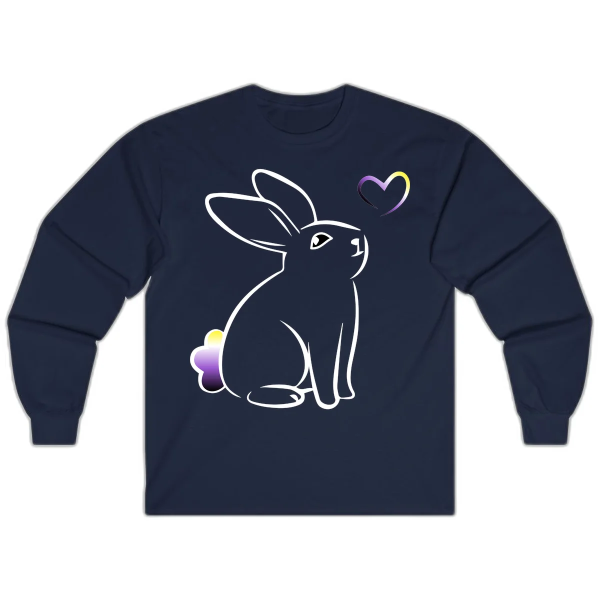 Minimalist line-art rainbow bunny with gradient purple-yellow tail and floating heart symbol on gray background in Navy