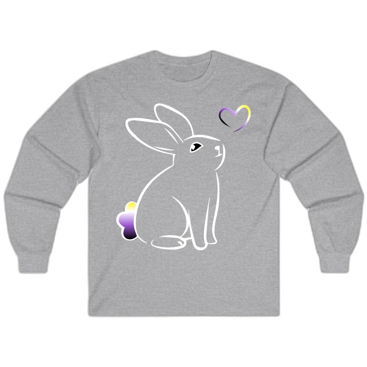 Minimalist line-art rainbow bunny with gradient purple-yellow tail and floating heart symbol on gray background in Sport Grey