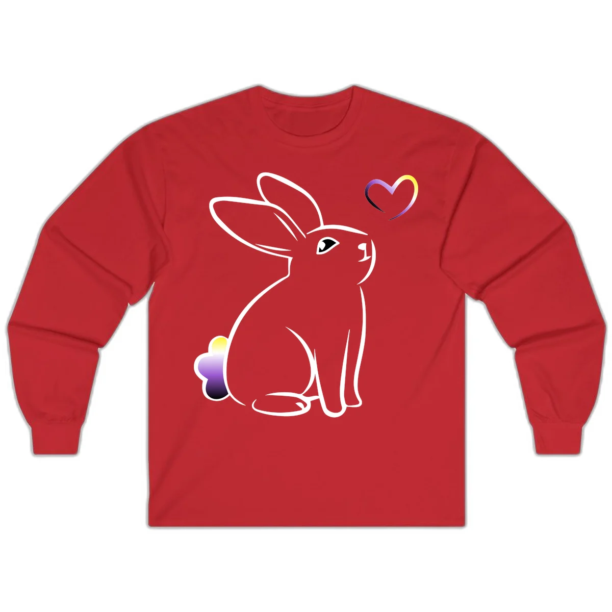 Minimalist line-art rainbow bunny with gradient purple-yellow tail and floating heart symbol on gray background in Red