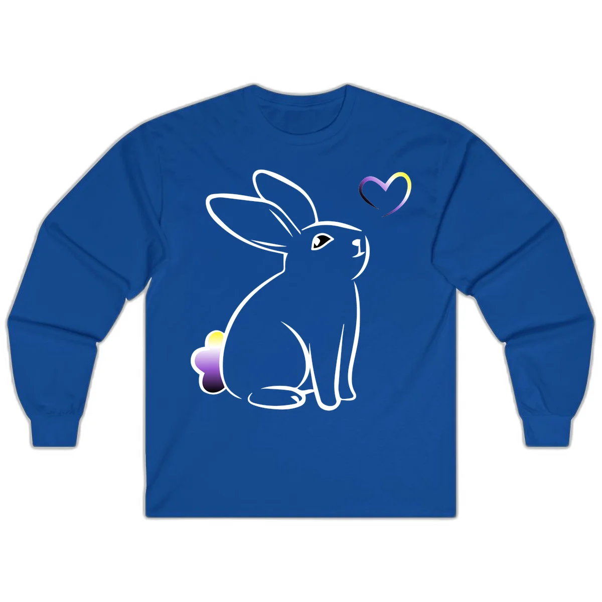 Minimalist line-art rainbow bunny with gradient purple-yellow tail and floating heart symbol on gray background in Royal