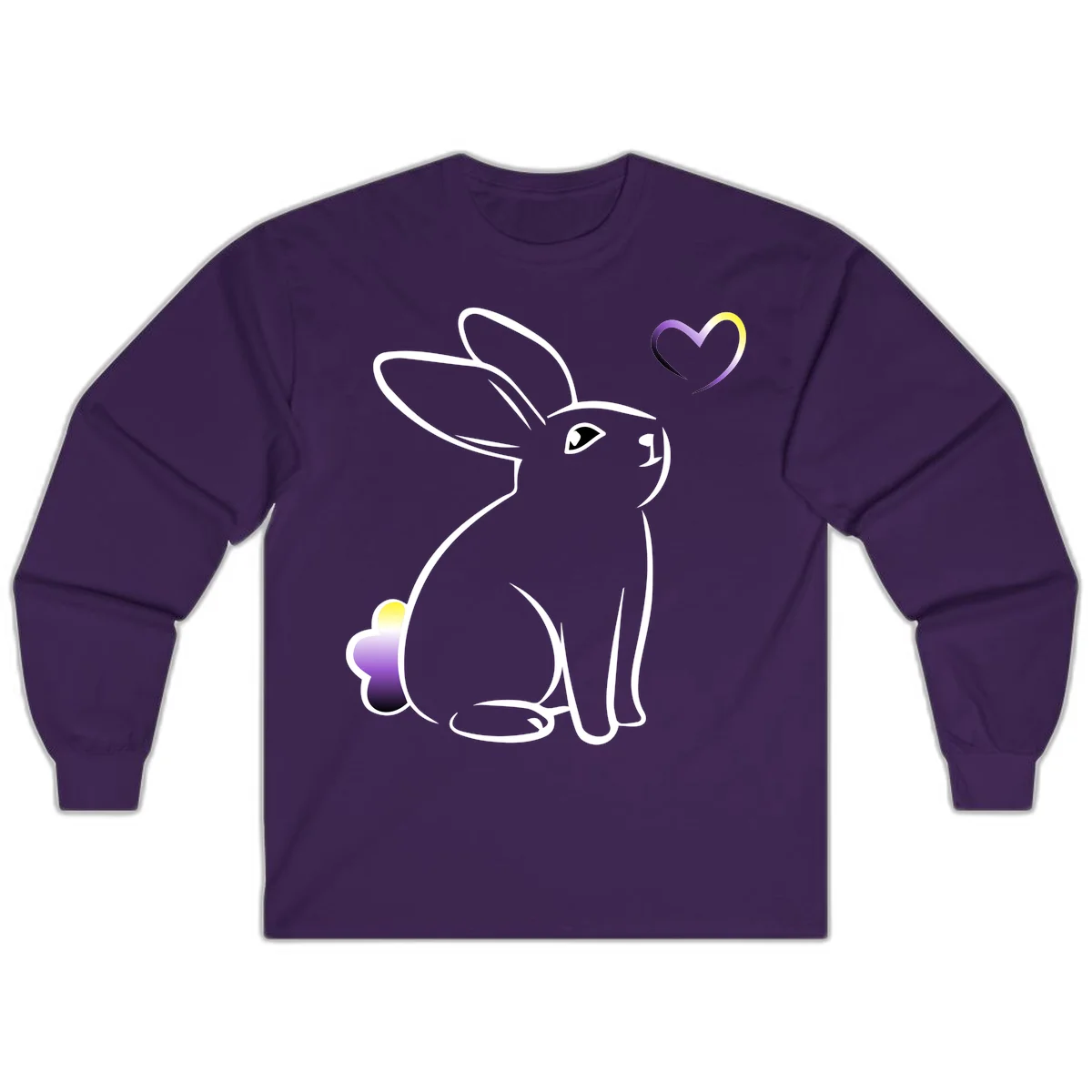 Minimalist line-art rainbow bunny with gradient purple-yellow tail and floating heart symbol on gray background in Purple
