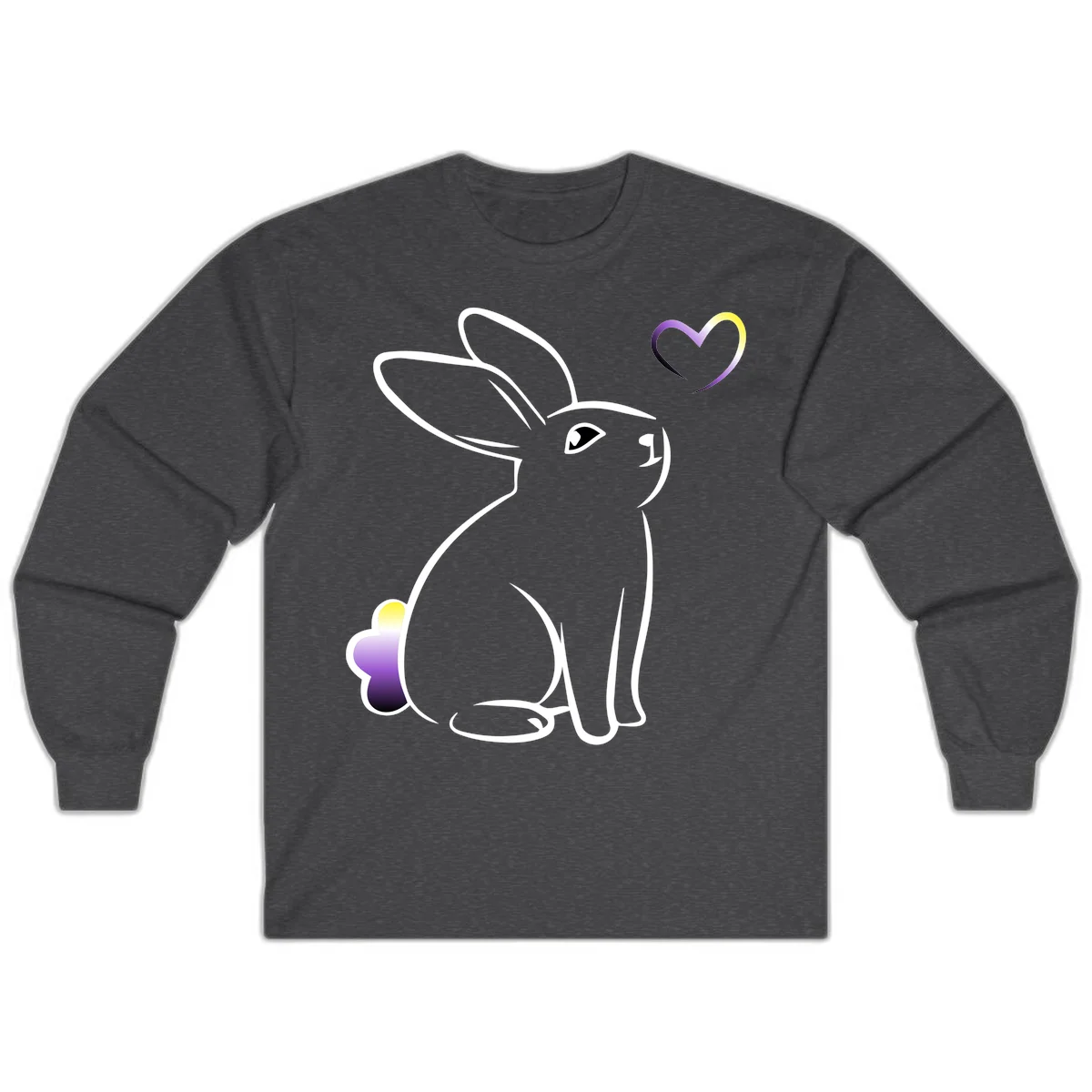 Minimalist line-art rainbow bunny with gradient purple-yellow tail and floating heart symbol on gray background in Dark Heather