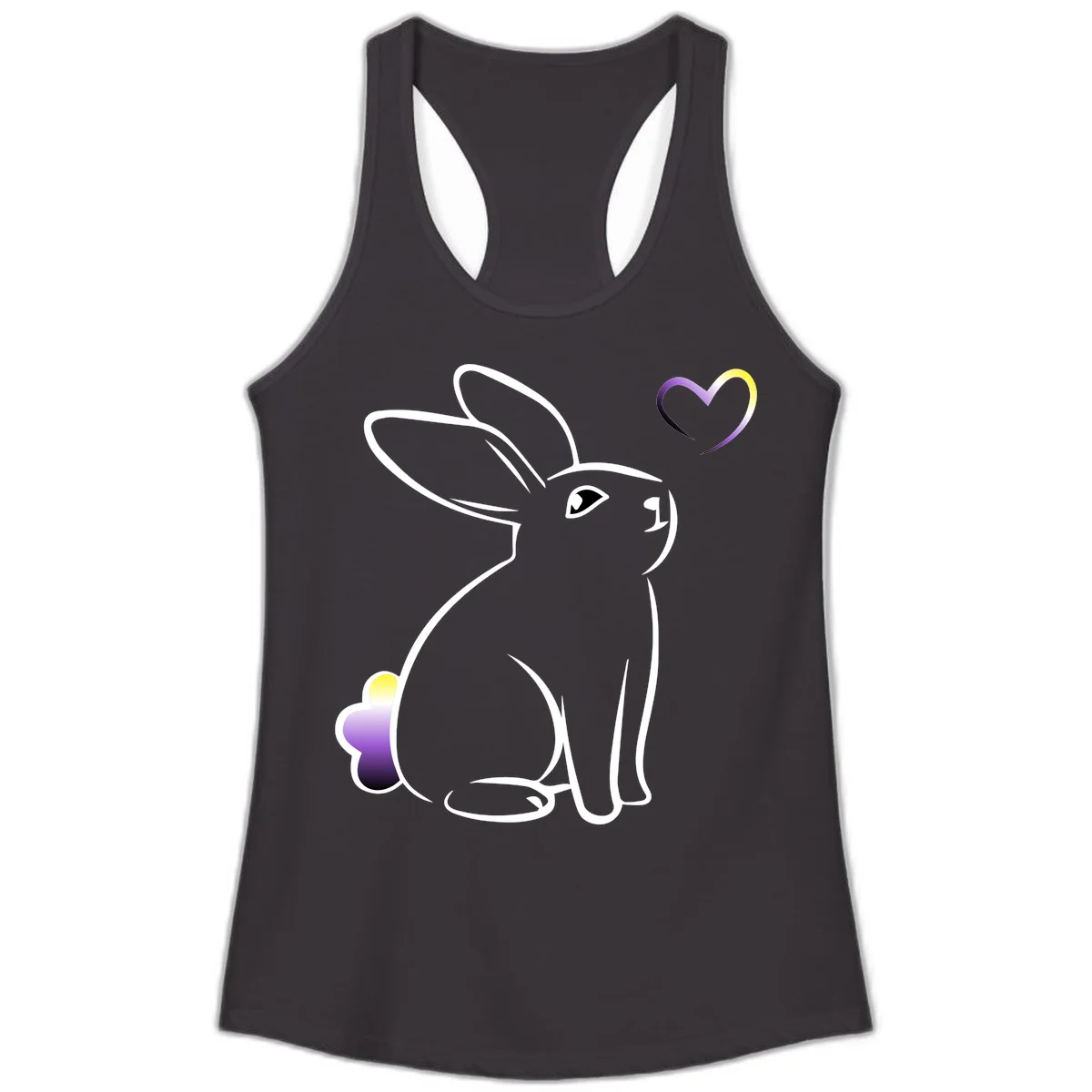 Minimalist line-art rainbow bunny with gradient purple-yellow tail and floating heart symbol on gray background in Black