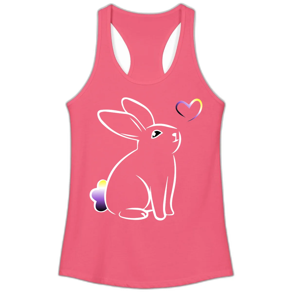 Minimalist line-art rainbow bunny with gradient purple-yellow tail and floating heart symbol on gray background in Hot Pink