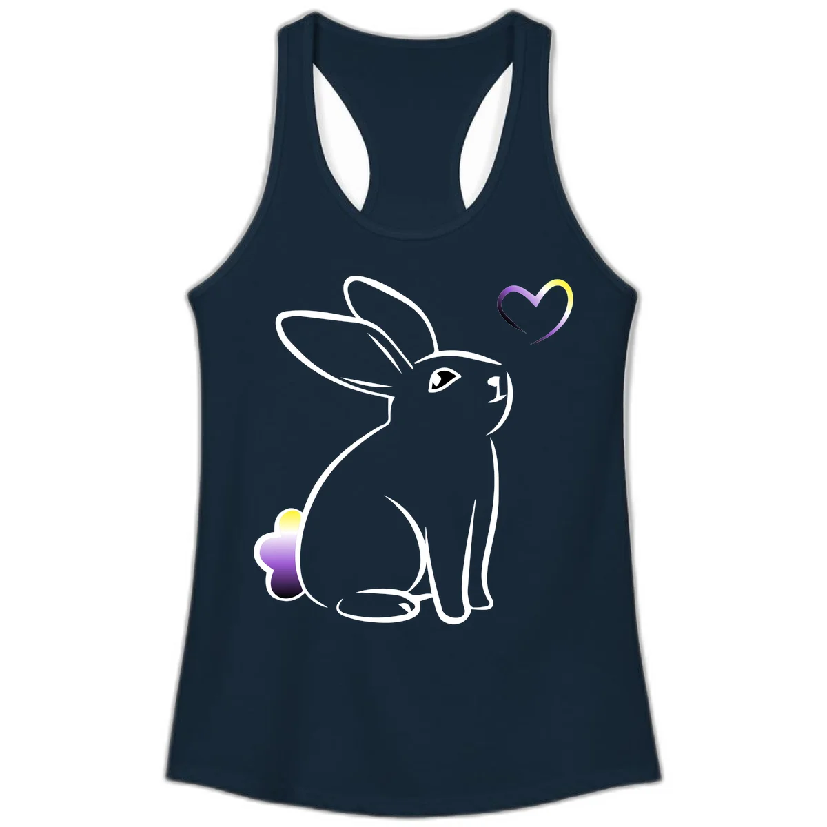 Minimalist line-art rainbow bunny with gradient purple-yellow tail and floating heart symbol on gray background in Solid Midnight Navy