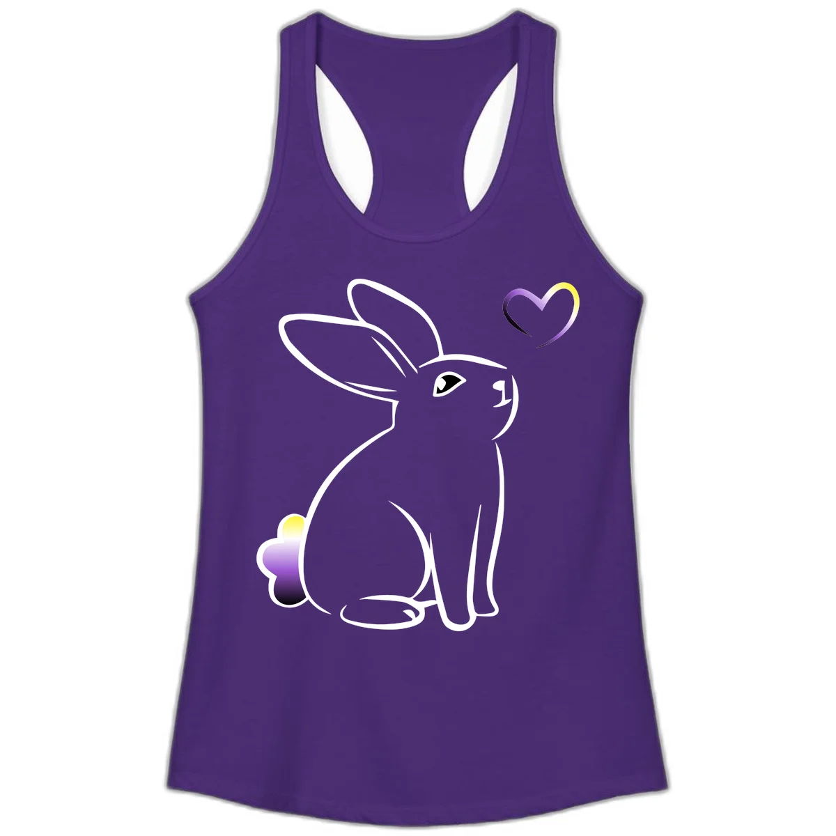 Minimalist line-art rainbow bunny with gradient purple-yellow tail and floating heart symbol on gray background in Solid Purple Rush