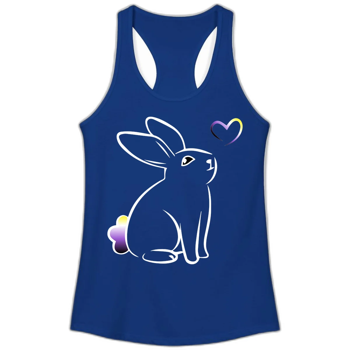 Minimalist line-art rainbow bunny with gradient purple-yellow tail and floating heart symbol on gray background in Solid Royal