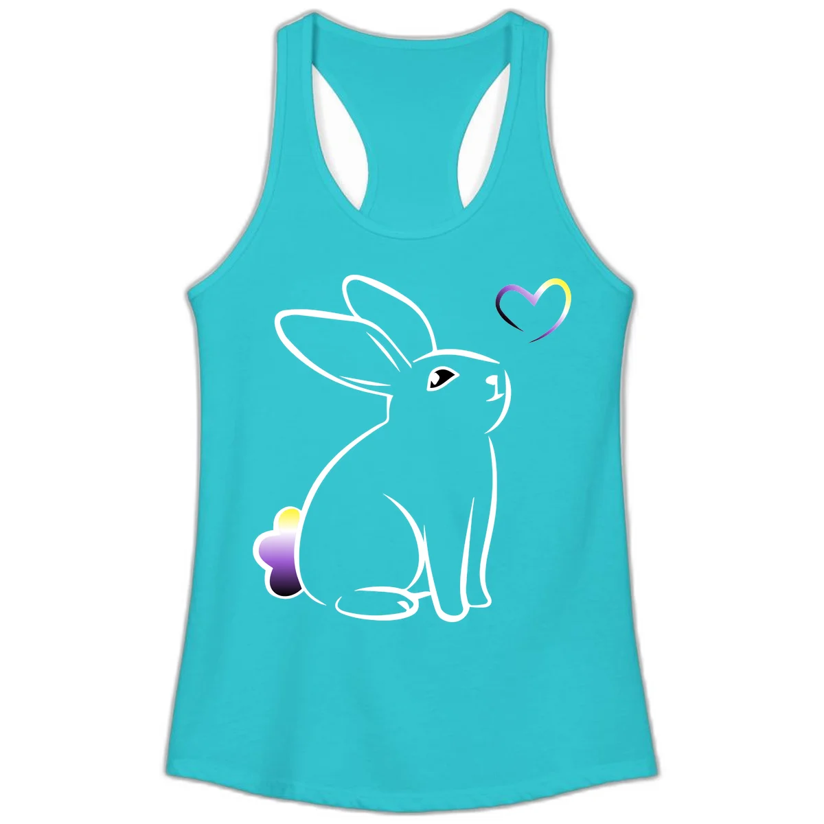 Minimalist line-art rainbow bunny with gradient purple-yellow tail and floating heart symbol on gray background in Solid Tahiti Blue