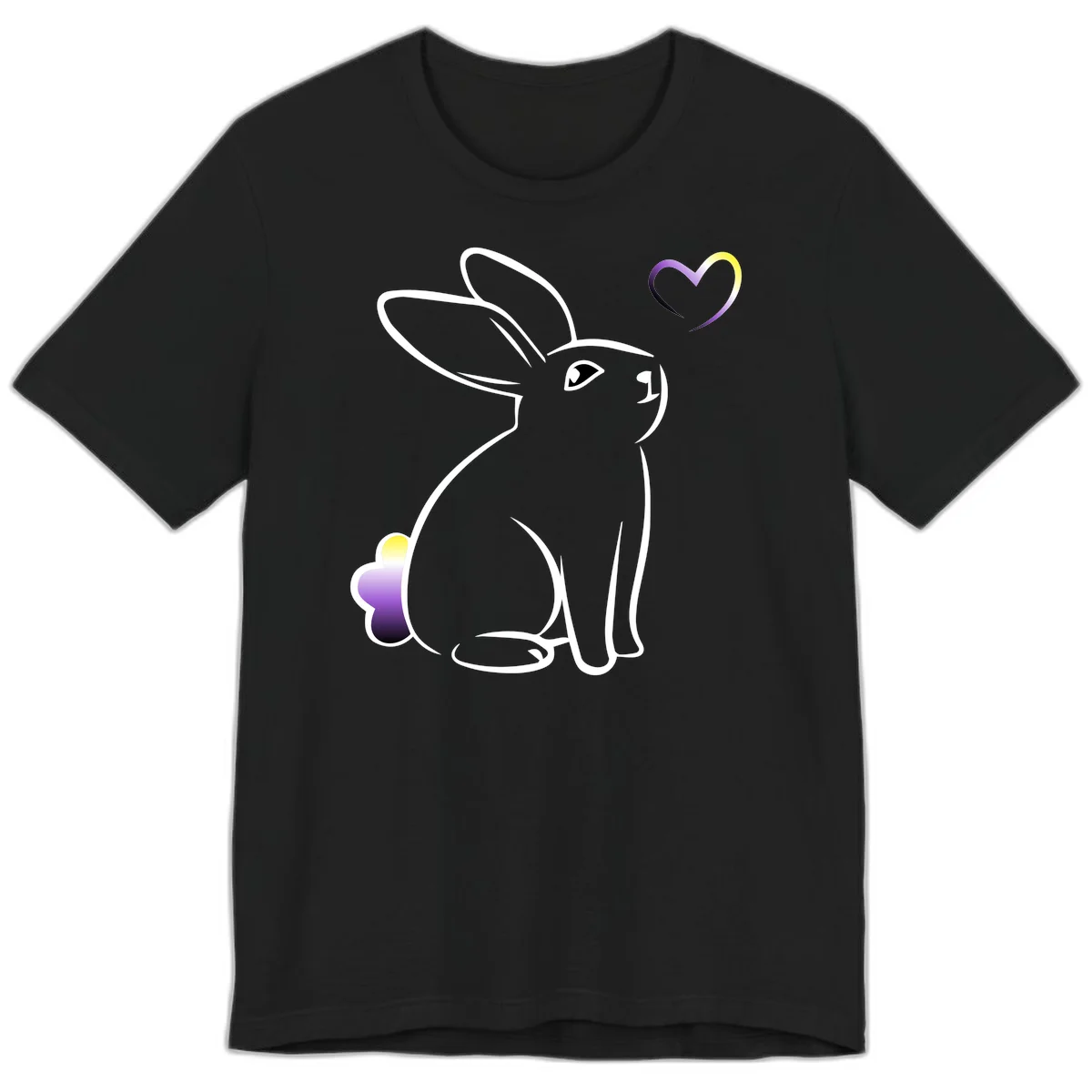 Minimalist line-art rainbow bunny with gradient purple-yellow tail and floating heart symbol on gray background in Black