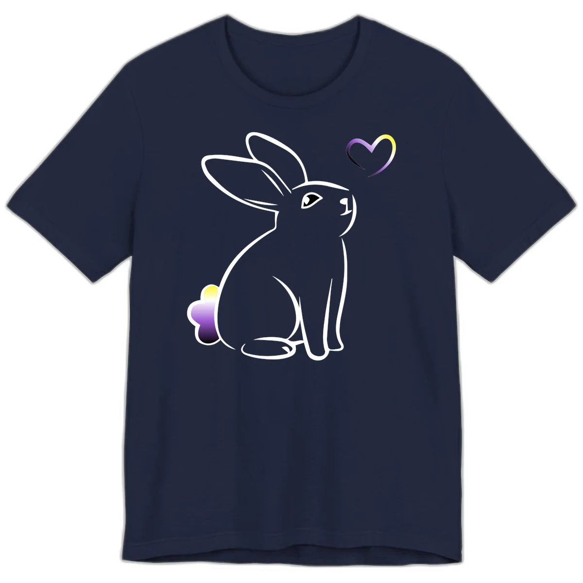 Minimalist line-art rainbow bunny with gradient purple-yellow tail and floating heart symbol on gray background in Navy