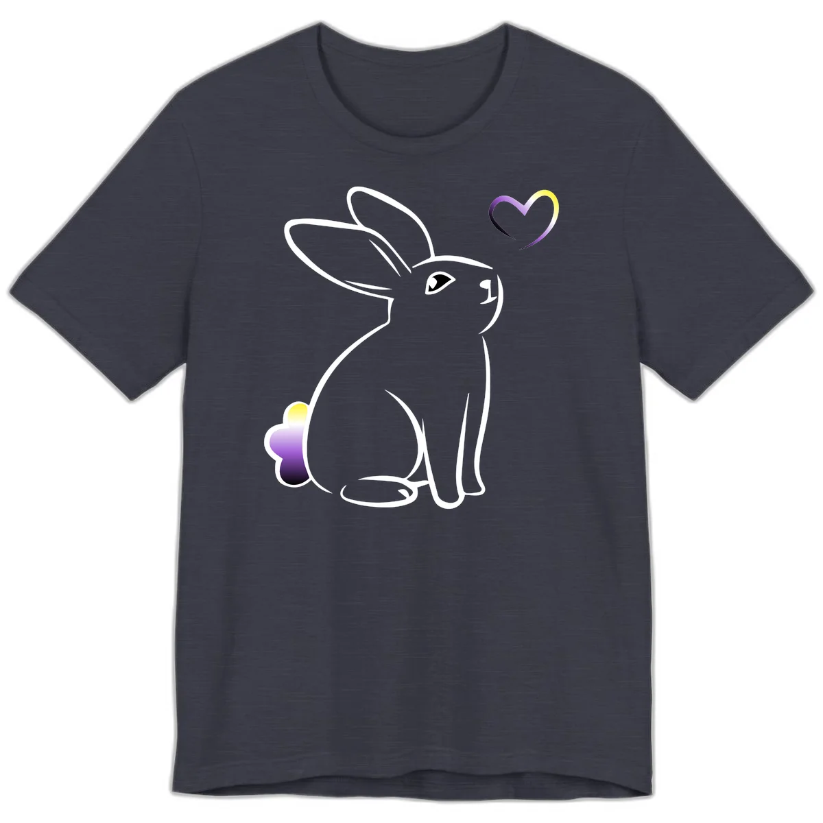 Minimalist line-art rainbow bunny with gradient purple-yellow tail and floating heart symbol on gray background in Heather Midnight Navy